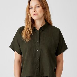 EILEEN FISHER ORGANIC HANDKERCHIEF LINEN SHORT-SLEEVE SHIRT IN SEAWEED XL